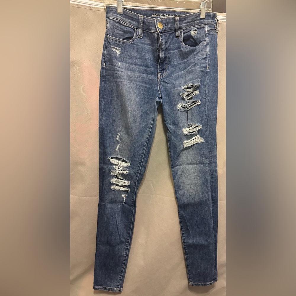 American Eagle Outfitters Blue Skinny Jeans with Distressed Details